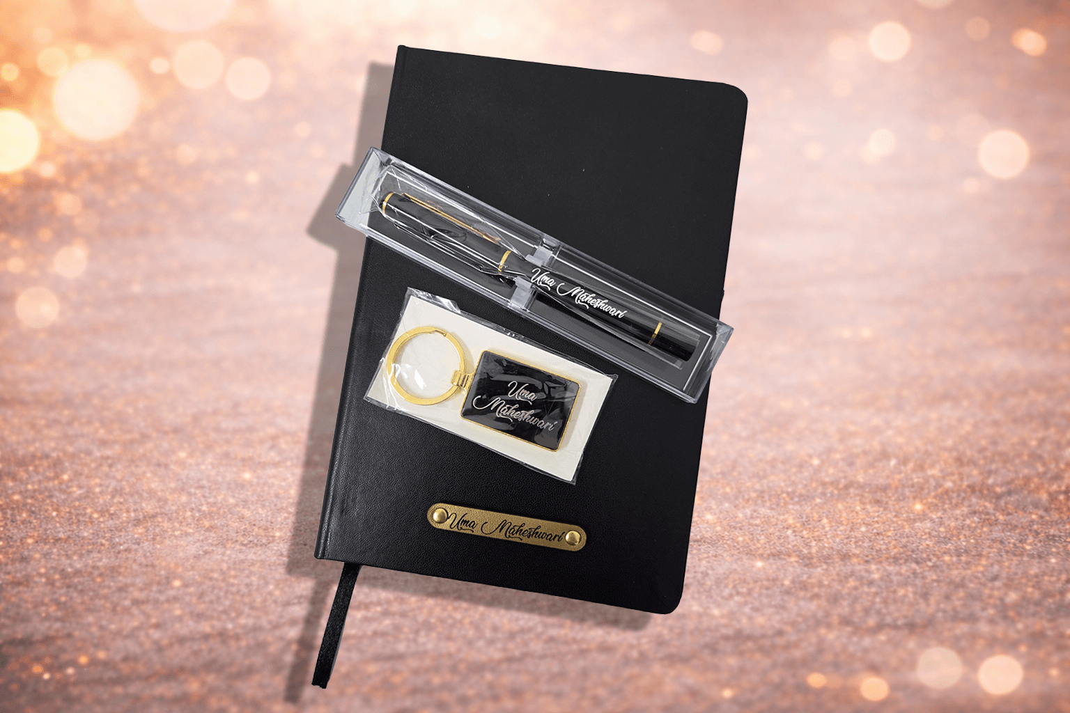 3 in 1 engraved set with diary, pen and golden keychain
